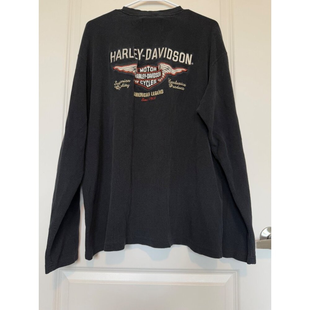 Vtg Harley-Davidson Long Sleeve Black Henley Shirt Buttons Size L Cotton Legend